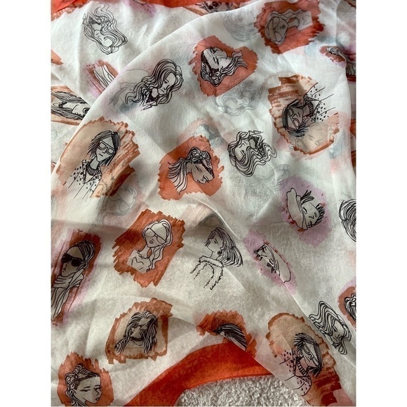 BCBGMaxAzria White Orange Fashion Sketch Faces Semi Sheer 100% Silk Scarf Wrap - Picture 3 of 6
